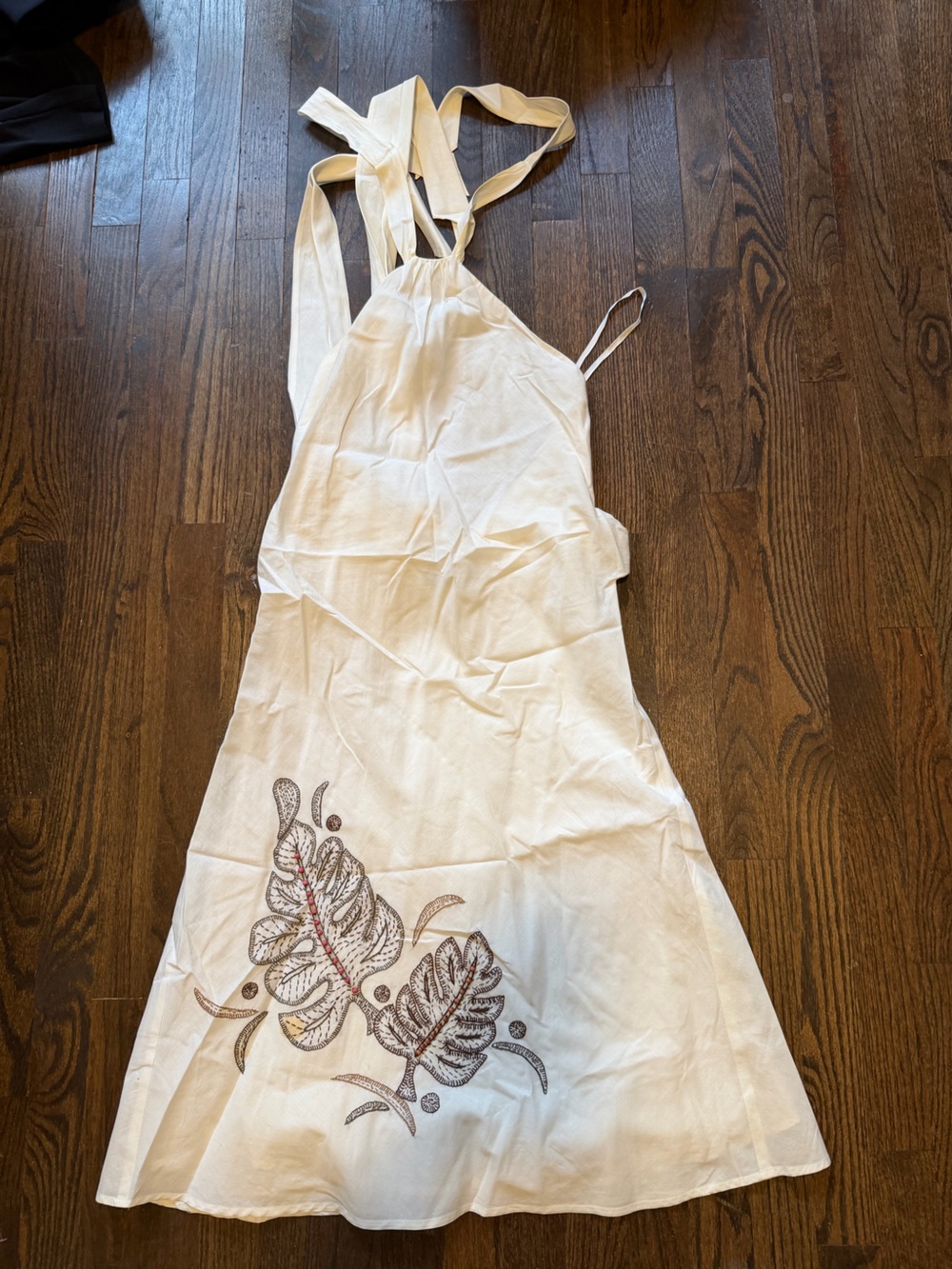 BCBGMaxAzria White Midi Halter Dress with Leaf Embroidery